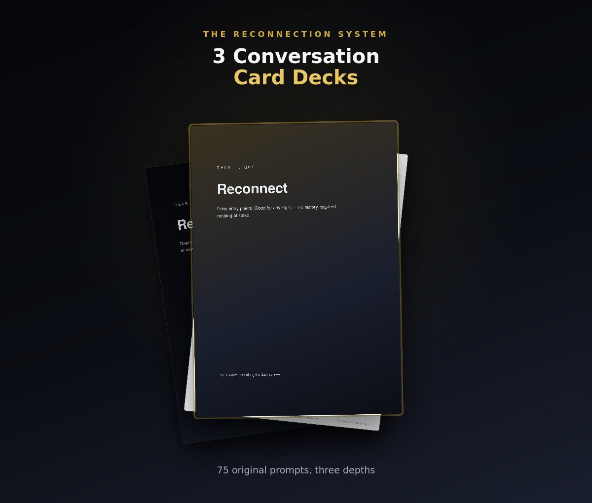 Three conversation card decks: Reconnect, Rediscover, and Rebuild